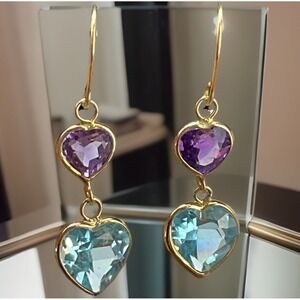 14K Yellow Gold Blue Topaz and Amethyst Heart Drop Dangle Earrings Pierced Ears